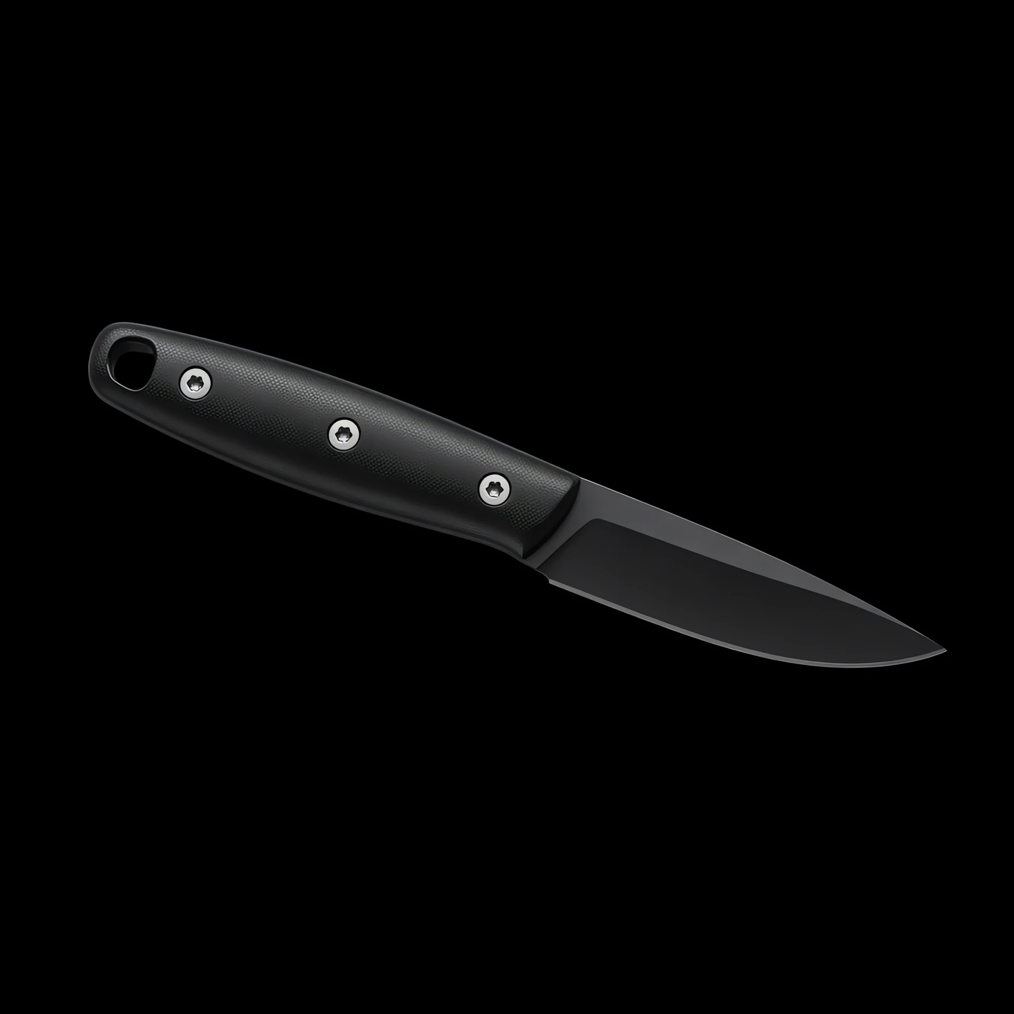 Close-up of a black diamond-texture G10 knife handle