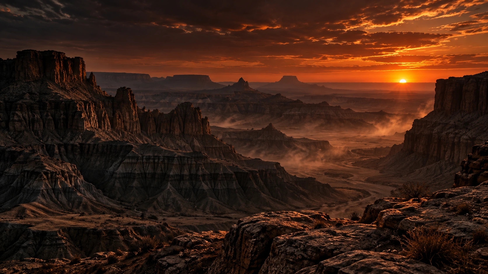 Badlands at sunset and an orange resin-handled field knife